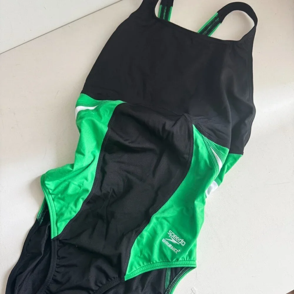 Speedo Endurance Black Green Color block Sports One Piece Swimsuit 12